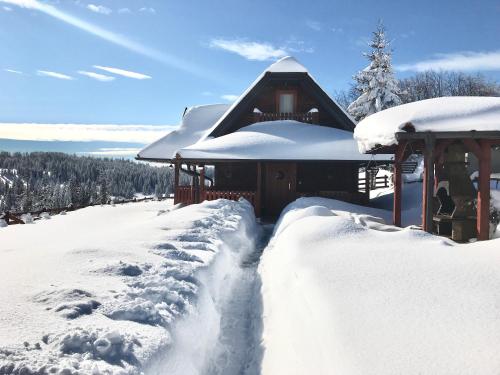 a house covered in snow next to a trail at Holiday Home Perduh in Sekulić 