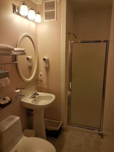 a bathroom with a shower and a toilet and a sink at Kingston Hotel in Vancouver