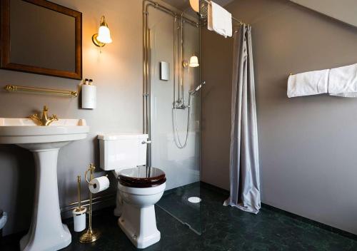 a bathroom with a toilet and a shower and a sink at Hotel Bellevue in Hjo