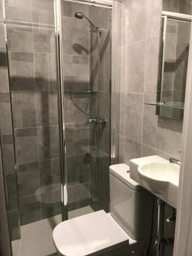 ein Badezimmer mit Dusche, Toilette und Waschbecken in der Unterkunft PR Paz de Agra in Santiago de Compostela