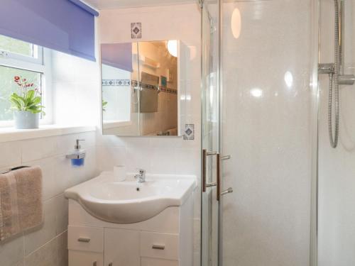 a white bathroom with a sink and a shower at Ysgubor Newydd in Conwy