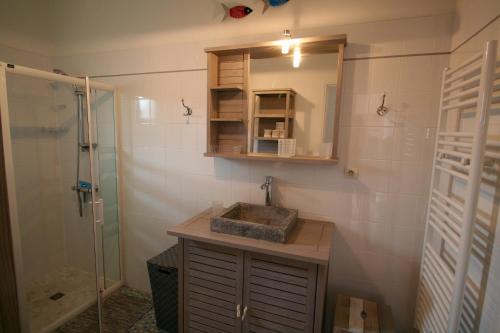 a bathroom with a sink and a shower and a mirror at Lovely house with Garden and Terrace very close to the beach in Hourtin
