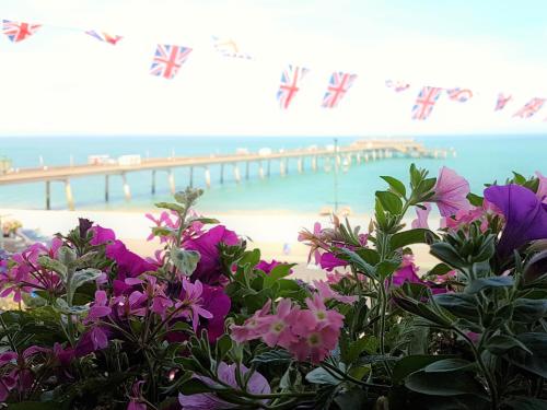 a view of a beach with purple flowers and a pier at Dunkerley's Hotel and Restaurant in Deal