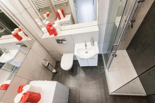 a bathroom with a sink and a toilet and a mirror at Vintage Podzamcze Apartment in Krakow