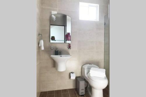 a bathroom with a toilet and a sink and a mirror at Modern 3 Bedroom Apt with Wifi and AC Near Airport and Major Areas in Santiago de los Caballeros