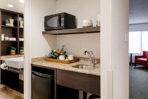 a kitchen with a sink and a tv on a counter at Chateau Jasper in Jasper