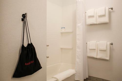 a bathroom with a black bag hanging on the wall at Holiday Inn Express - Evansville, an IHG Hotel in Evansville