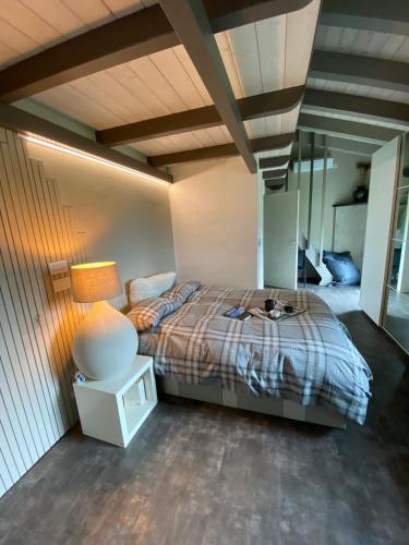 a bedroom with a bed with a lamp and a mirror at CASCINA SERRA ECO-HOUSE beb in Muzzano