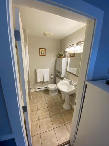 a bathroom with a toilet a sink and a shower at Guest suites on Benvenuto in Brentwood Bay