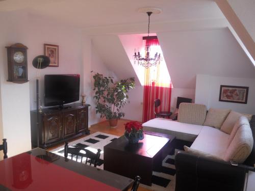 a living room with a couch and a tv at Nikolic Apartments - Ohrid City Centre in Ohrid