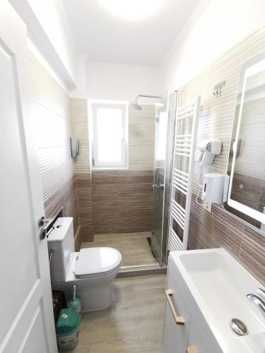 a bathroom with a toilet and a shower and a sink at Otopeni Comfort Apartaments in Otopeni