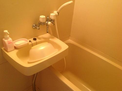 a bathroom with a sink and a bath tub at Petit Hotel Koizumi in Lake Toya