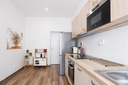 a kitchen with a sink and a refrigerator at FAMILY Apartment OSTRAVA in Ostrava