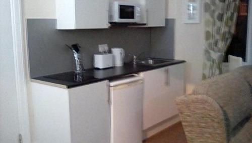 a small kitchen with a sink and a microwave at Columbus Holiday Flats in Scarborough