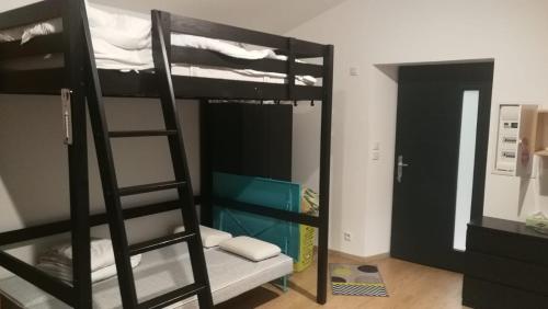 Zimmer mit 2 Etagenbetten und einer Leiter in der Unterkunft Gîte au coeur du parc naturel régional du Pilat in Pélussin