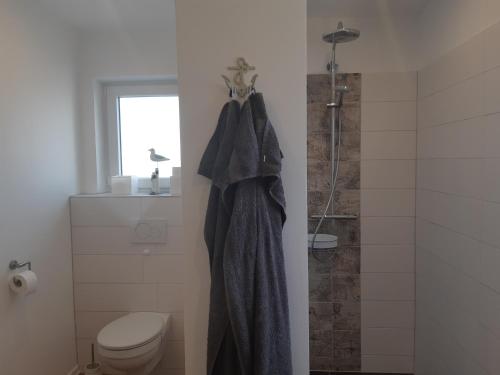 a bathroom with a shower and a toilet and a window at Nordlichthuus in Tönning