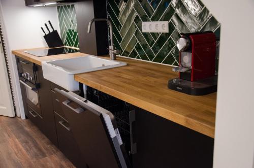 eine Küche mit einer Spüle und einer Arbeitsplatte in der Unterkunft Dorpsplein Appartement incl parkeerplaats in Zandvoort