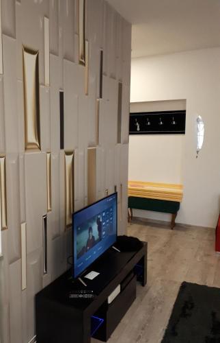 a living room with a television and a wall with art at Apartament centrum Sienkiewicza WIEŻA EIFFLA PROMENADA -KLIMATYZACJA- WYJĄTKOWY in Kielce