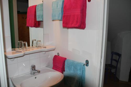 uma casa de banho com lavatório e toalhas vermelhas e azuis em Hôtel Auberge du Combaïre em Laguiole
