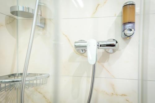 a shower in a bathroom with a glass door at Hotel Rheinfelderhof in Basel
