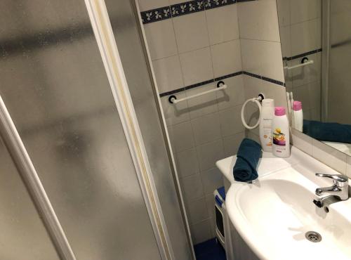 a bathroom with a sink and a shower stall at Clásico y Funcional Vivienda Turística Centro Bilbao in Bilbao