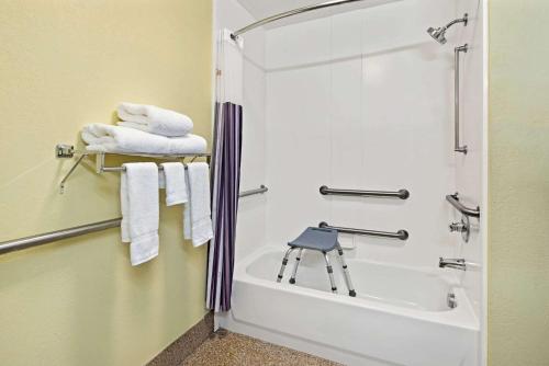 a bathroom with a shower and a bathtub with a stool at La Quinta by Wyndham Atlanta South - Newnan in Newnan