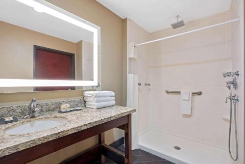 a bathroom with a sink and a shower at La Quinta by Wyndham Houston Willowbrook in Houston