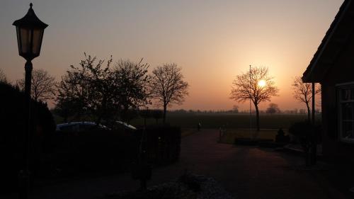 a sunset over a field with trees and a street light at B&B Bij Bronckhorst in Steenderen