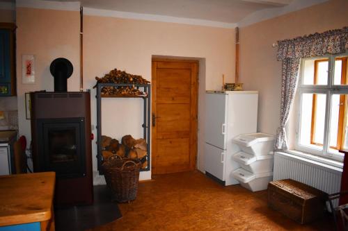 een kamer met een koelkast, een raam en een deur bij Chalupa Ádr u Duchků in Teplice nad Metují