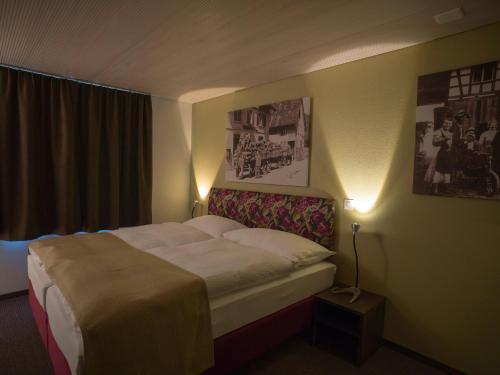 a hotel room with a bed and a window at Gasthaus Sternen in Rafz