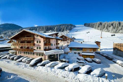 フラッハウにあるHotel Vierjahreszeitenの雪に停められた車を停めたスキー場