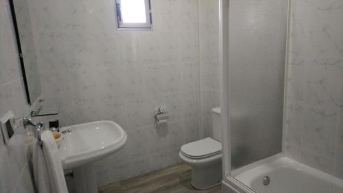 a bathroom with a toilet and a sink and a shower at Hostal "Los Chanos el Ruso" in Galende