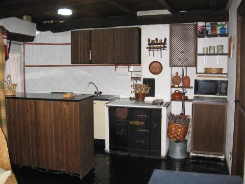 una cocina con fregadero y estufa horno superior en Casa Turpesa, en Peñalba de Santiago
