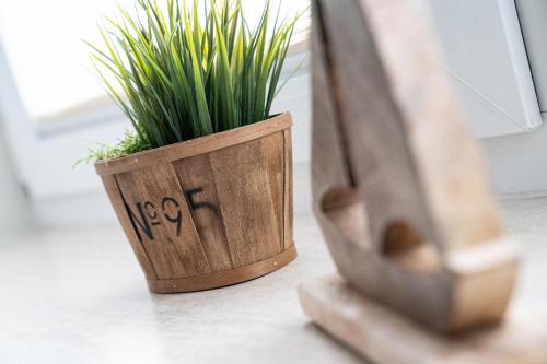 a plant in a wooden pot sitting on a counter at Deichhotel Grube in Dorum Neufeld