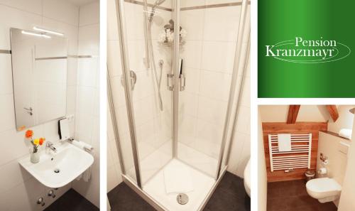 two pictures of a bathroom with a shower and a sink at Pension Kranzmayr in Sankt Wolfgang