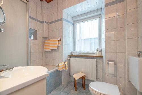 a bathroom with a sink toilet and a window at Landhof Waidegger Wirt - Hotel, Restaurant, Bar in Waidegg