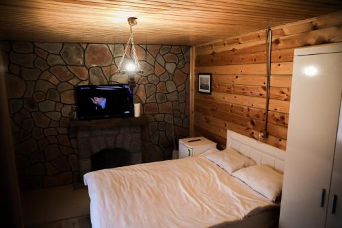 1 dormitorio con 1 cama y TV. en Havva Sultan Konağı, en Trabzon