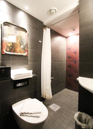 a bathroom with a toilet and a sink and a shower at Skanstulls Boutique Hostel in Stockholm