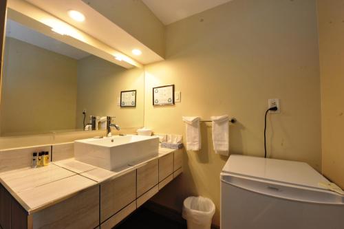 a bathroom with a sink and a toilet and a mirror at Hotel Le Voyageur in Quebec City