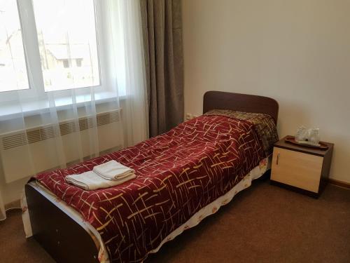 a bedroom with a bed with a red blanket and a window at Adina in Rîşcani