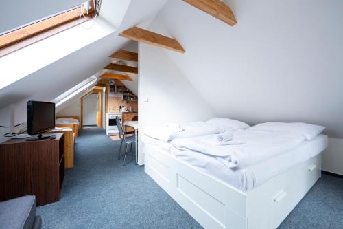 a room with two beds and a television in a attic at Penzion Vědomice in Vědomice