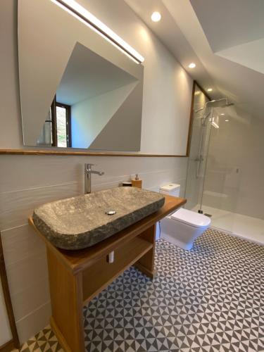 a bathroom with a sink and a toilet and a mirror at El Niu de l’Àguila (Camprodon) in Camprodon