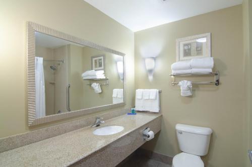 W łazience znajduje się toaleta, umywalka i lustro. w obiekcie Springdale Inn & Suites Mobile-South Alabama University Area w mieście Mobile