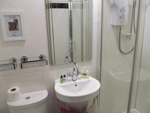 La salle de bains est pourvue d'un lavabo, d'une douche et de toilettes. dans l'établissement Lantern Guest House, à Édimbourg