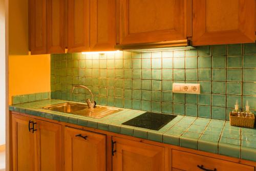 a kitchen with a sink and a green tiled wall at Cuna House in Armentera