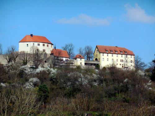 un grand bâtiment blanc avec un toit rouge sur une colline dans l'établissement Ferienwohnung Gersprenztal, à Reichelsheim