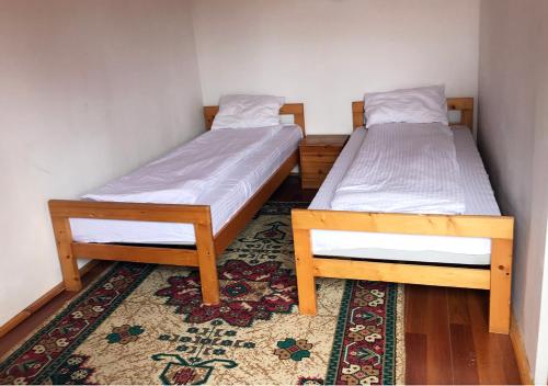 two twin beds in a small room with a rug at Pensiunea Gernik 100 in Gârnic