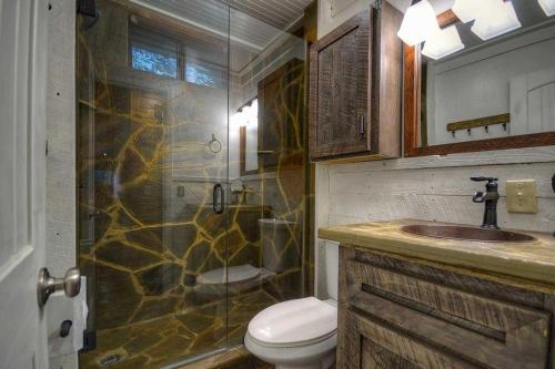a bathroom with a toilet and a shower and a sink at Creekside R&R in Blue Ridge
