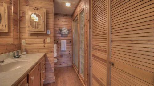 a bathroom with a sink and a shower with wooden walls at Cabin Fever in Morganton