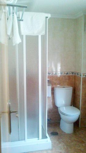 a bathroom with a toilet and a shower stall at Hostal Álvarez in Oviedo